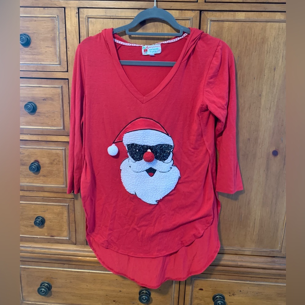 EUC Christmas Santa long sleeve hoodie shirt, size small